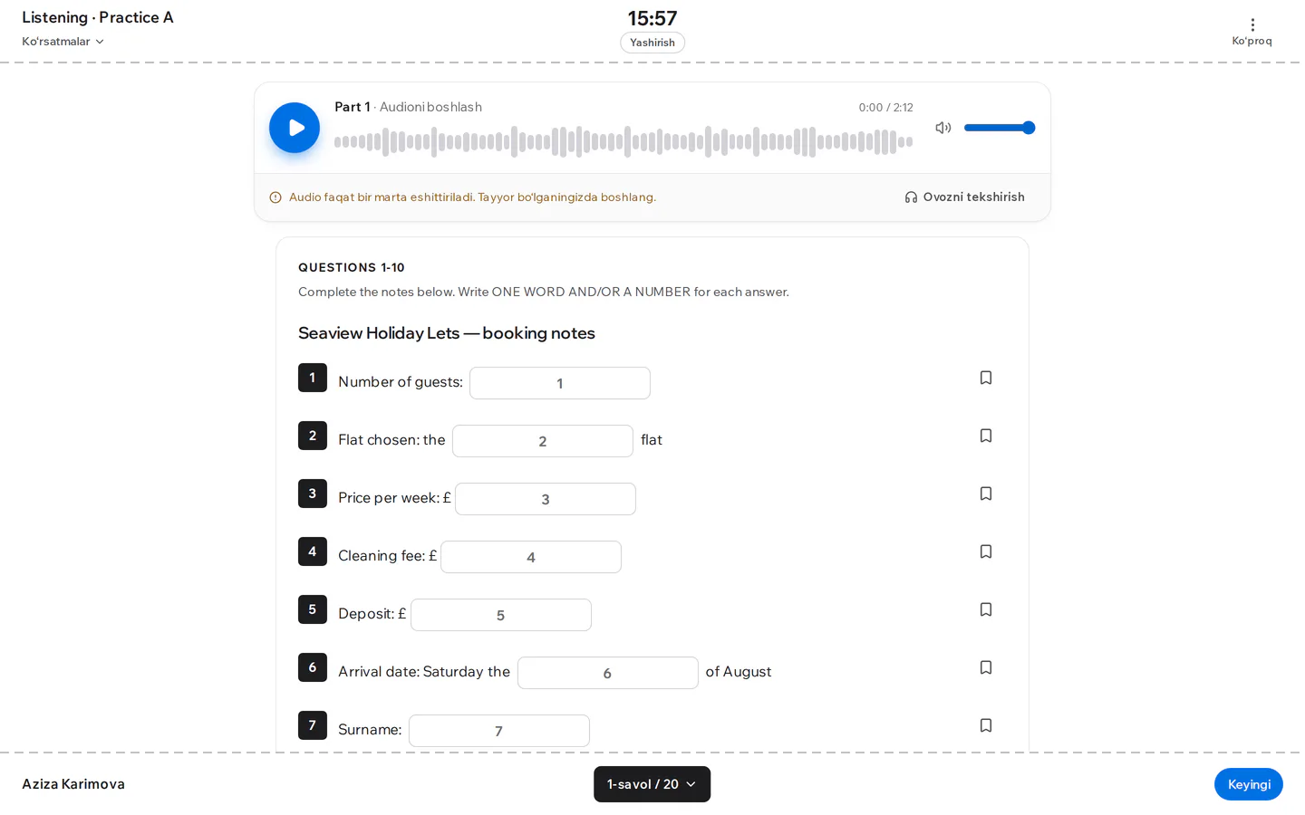 Imtihon interfeysi - Listening
