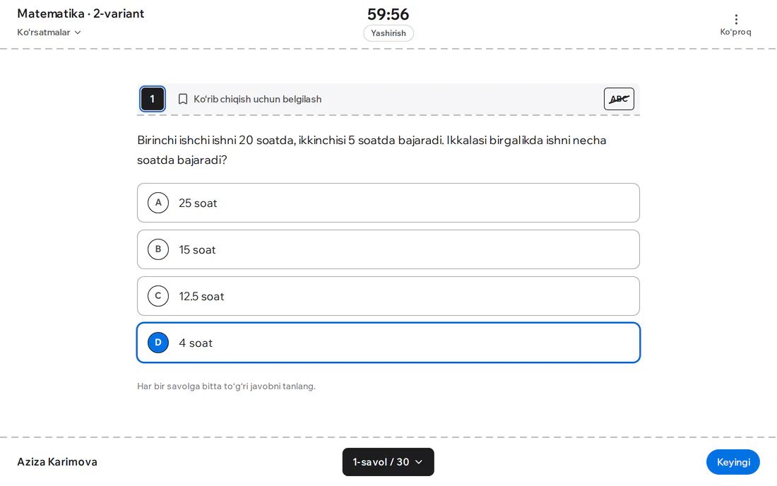 Milliy sertifikat: matematika savoli